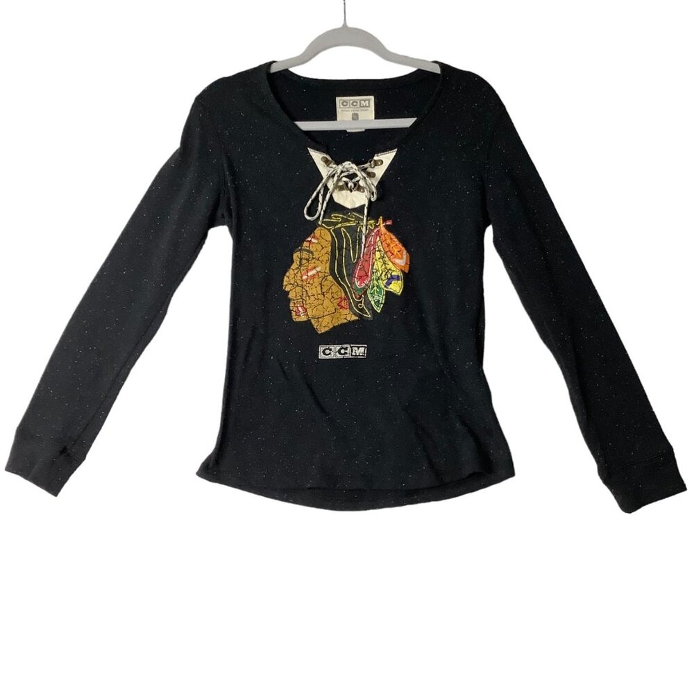 NHL‎ Chicago Blackhawks CCM Official Vintage Lace Up Shirt Black Women Sz Large